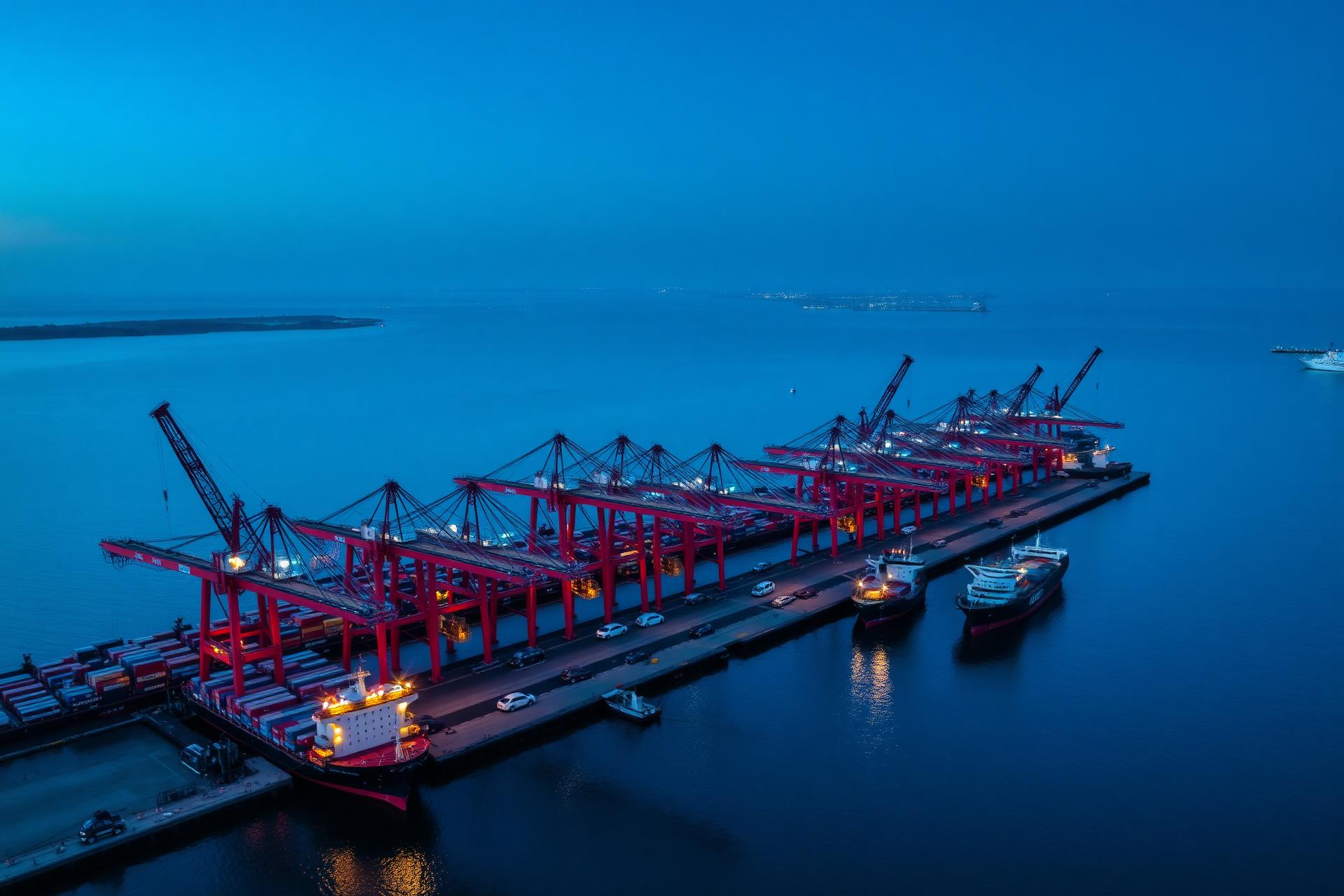 Infraestrutura portuária ao entardecer